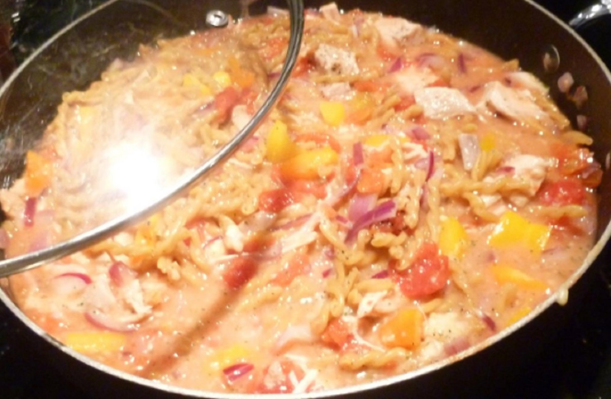 Recette: P�tes au poulet et l�gumes.