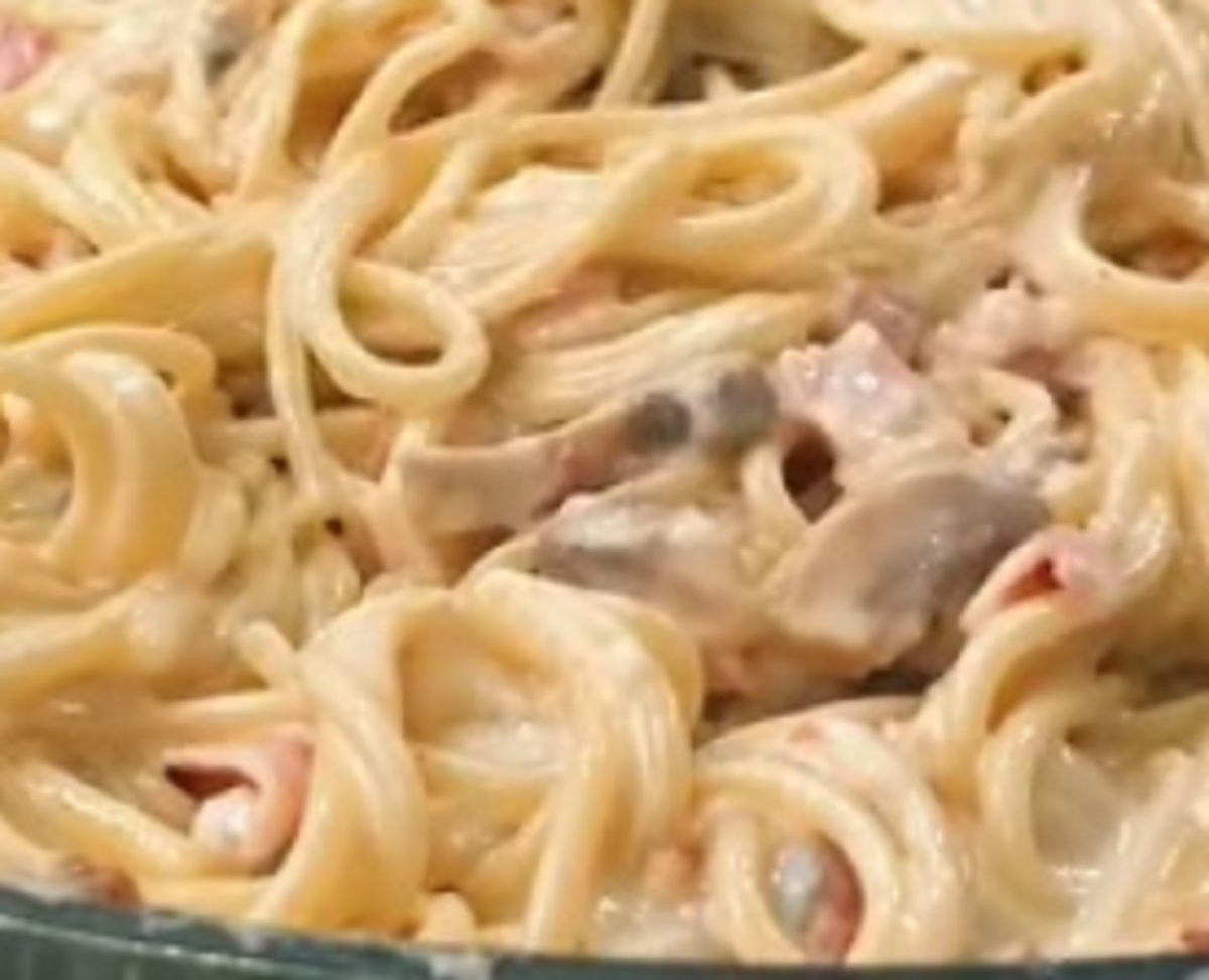 Recette: Spaghetti au boursin, champignon et bacon.