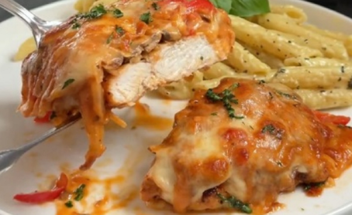 Recette: Poulet aux champignons et aux poivrons au four.