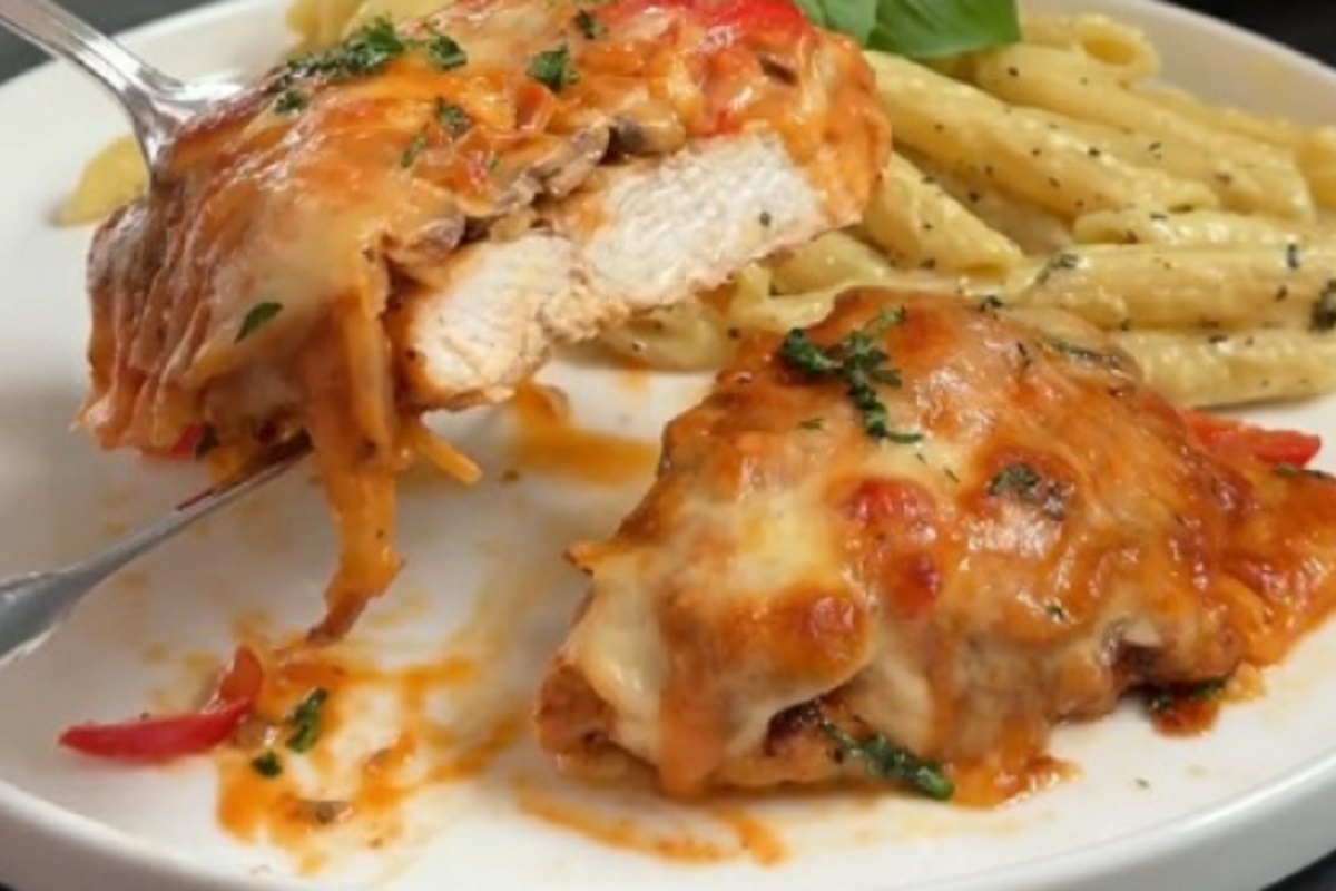 Recette: Poulet aux champignons et aux poivrons au four.