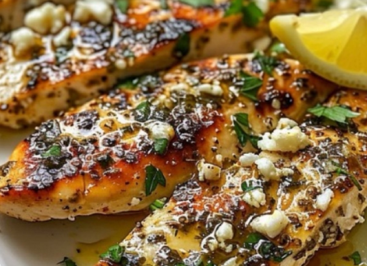 Recette: Poitrines de poulet � la grecque et feta.