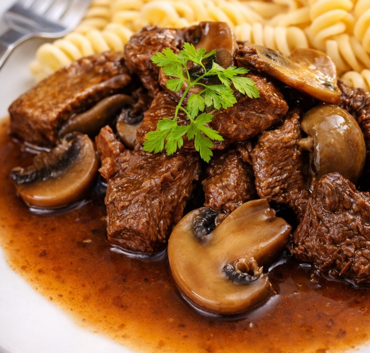 Recette: Boeuf sauce aux champignons.