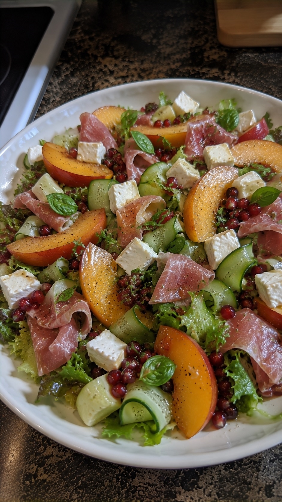 Recette: Salade p�ches et�jambon top d�lice.