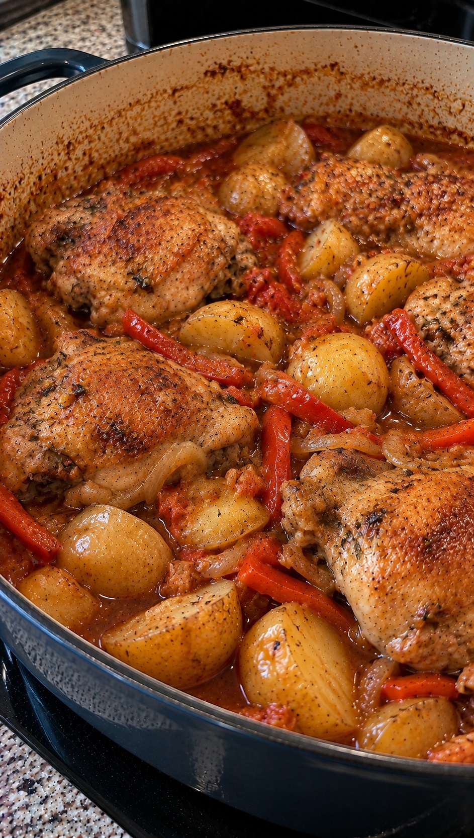 Recette: Mijot� de cuisses de poulet et pommes de terre au four.